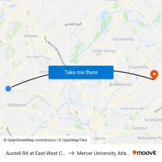 Austell Rd at East-West Conn to Mercer University, Atlanta map
