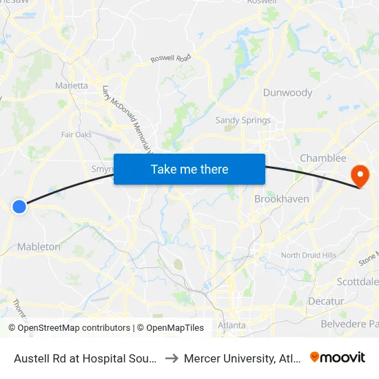 Austell Rd at Hospital South Dr to Mercer University, Atlanta map