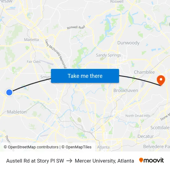 Austell Rd at Story Pl SW to Mercer University, Atlanta map