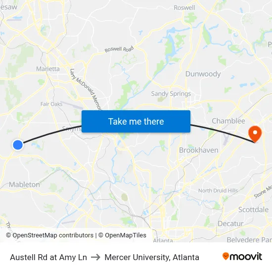 Austell Rd at Amy Ln to Mercer University, Atlanta map