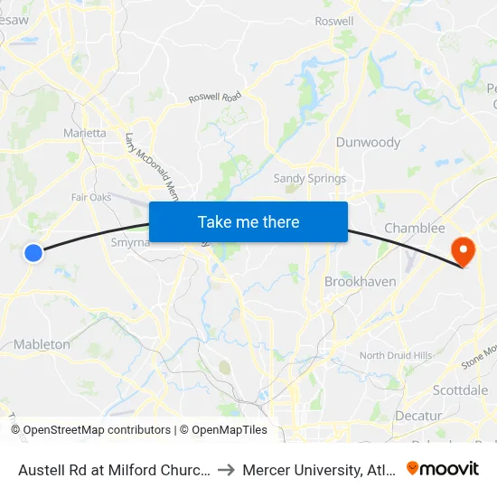 Austell Rd at Milford Church Rd to Mercer University, Atlanta map