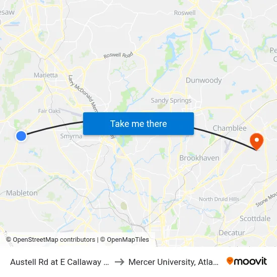 Austell Rd at E Callaway Rd to Mercer University, Atlanta map