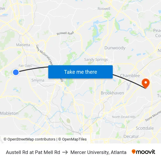Austell Rd at Pat Mell Rd to Mercer University, Atlanta map