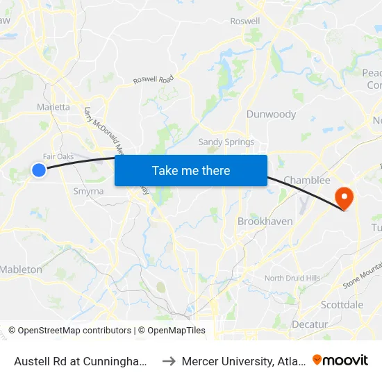 Austell Rd at Cunningham Rd to Mercer University, Atlanta map