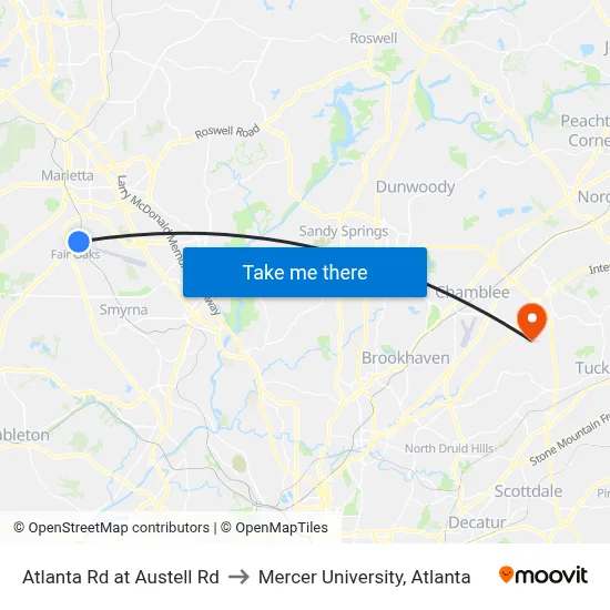 Atlanta Rd at Austell Rd to Mercer University, Atlanta map