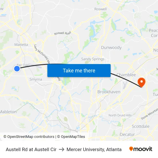 Austell Rd at Austell Cir to Mercer University, Atlanta map