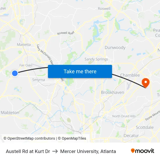 Austell Rd at Kurt Dr to Mercer University, Atlanta map