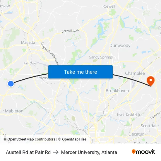 Austell Rd at Pair Rd to Mercer University, Atlanta map