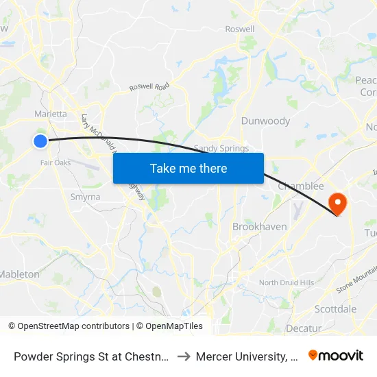 Powder Springs St at Chestnut Hill Rd to Mercer University, Atlanta map