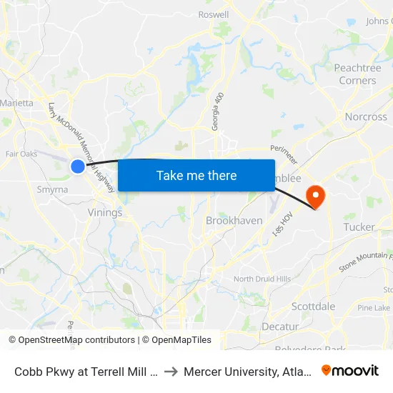 Cobb Pkwy at Terrell Mill Rd to Mercer University, Atlanta map