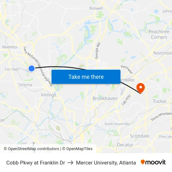 Cobb Pkwy at Franklin Dr to Mercer University, Atlanta map
