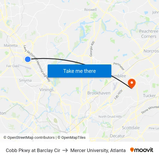 Cobb Pkwy at Barclay Cir to Mercer University, Atlanta map