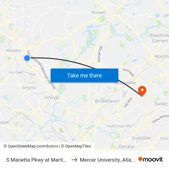 S Marietta Pkwy at Martin Ct to Mercer University, Atlanta map