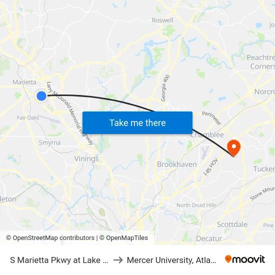 S Marietta Pkwy at Lake Dr to Mercer University, Atlanta map
