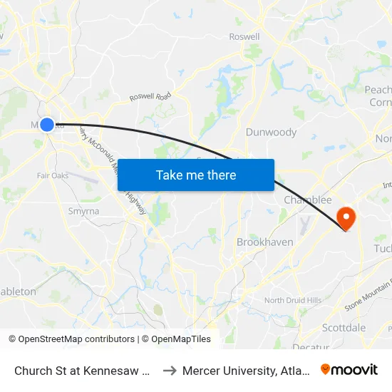 Church St at Kennesaw Ave to Mercer University, Atlanta map