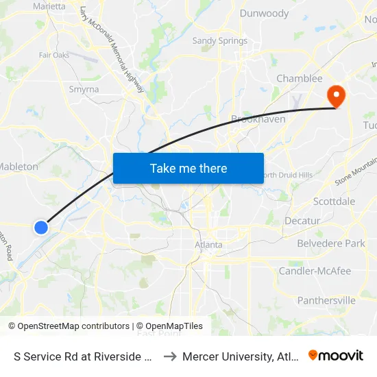 S Service Rd at Riverside Pkwy to Mercer University, Atlanta map