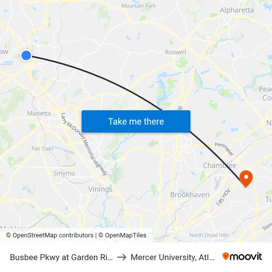 Busbee Pkwy at Garden Ridge to Mercer University, Atlanta map