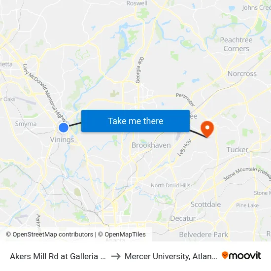 Akers Mill Rd at Galleria Dr to Mercer University, Atlanta map