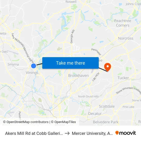 Akers Mill Rd at Cobb Galleria Pkwy to Mercer University, Atlanta map