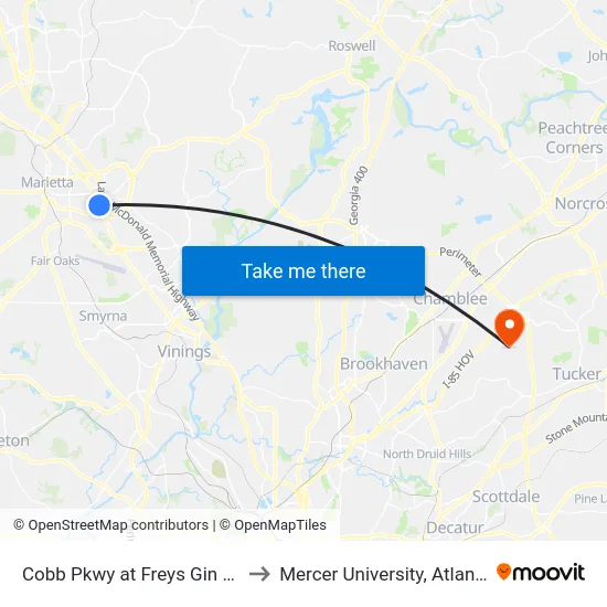 Cobb Pkwy at Freys Gin Rd to Mercer University, Atlanta map