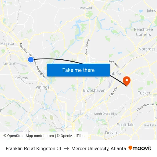 Franklin Rd at Kingston Ct to Mercer University, Atlanta map