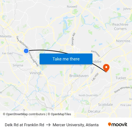 Delk Rd at Franklin Rd to Mercer University, Atlanta map