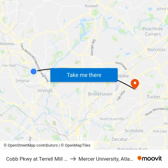 Cobb Pkwy at Terrell Mill Rd to Mercer University, Atlanta map
