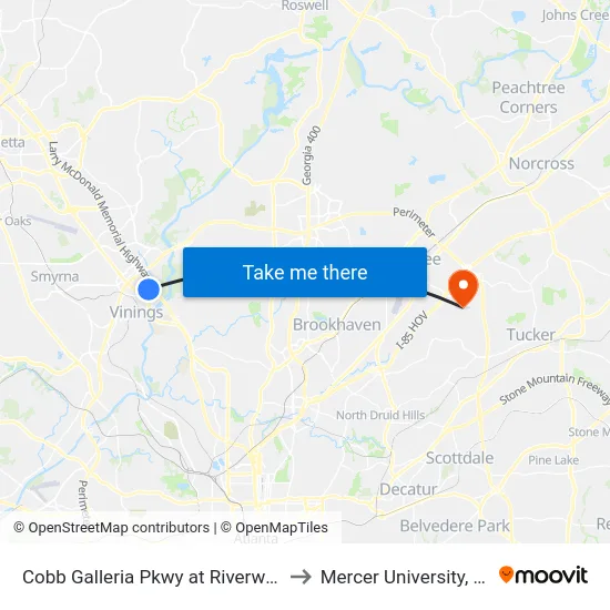 Cobb Galleria Pkwy at Riverwood Pkwy to Mercer University, Atlanta map
