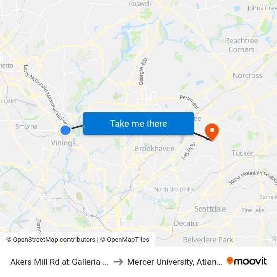 Akers Mill Rd at Galleria Dr to Mercer University, Atlanta map