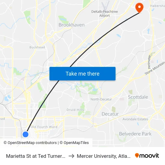 Marietta St at Ted Turner Dr to Mercer University, Atlanta map
