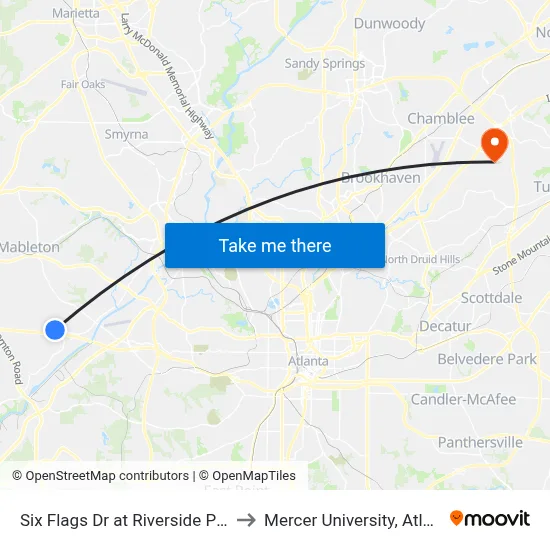 Six Flags Dr at Riverside Pkwy to Mercer University, Atlanta map