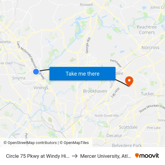 Circle 75 Pkwy at Windy Hill Rd to Mercer University, Atlanta map