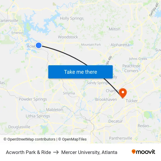 Acworth Park & Ride to Mercer University, Atlanta map