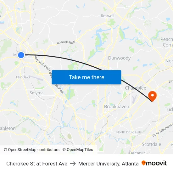 Cherokee St at Forest Ave to Mercer University, Atlanta map