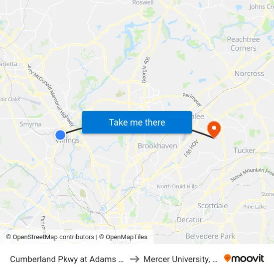 Cumberland Pkwy at Adams Lake Blvd to Mercer University, Atlanta map