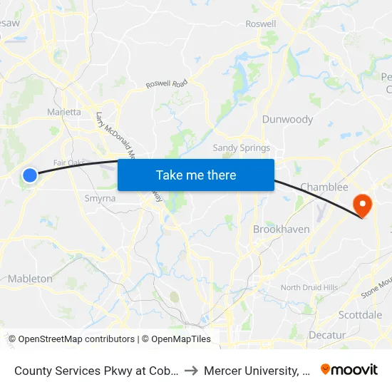 County Services Pkwy at Cobb Co Dot to Mercer University, Atlanta map