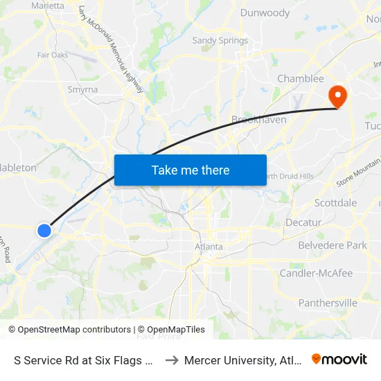 S Service Rd at Six Flags Pkwy to Mercer University, Atlanta map