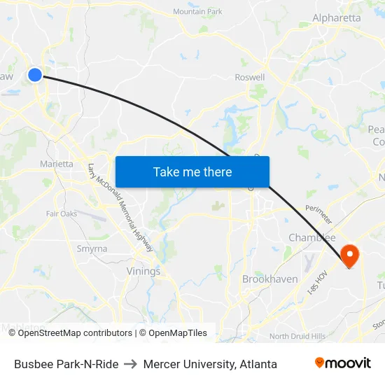 Busbee Park-N-Ride to Mercer University, Atlanta map