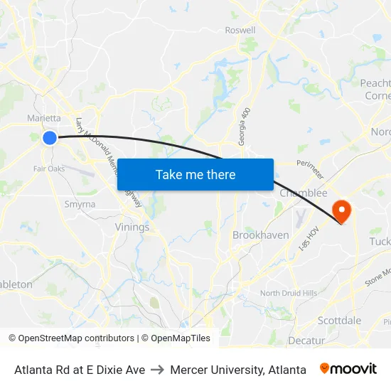 Atlanta Rd at E Dixie Ave to Mercer University, Atlanta map