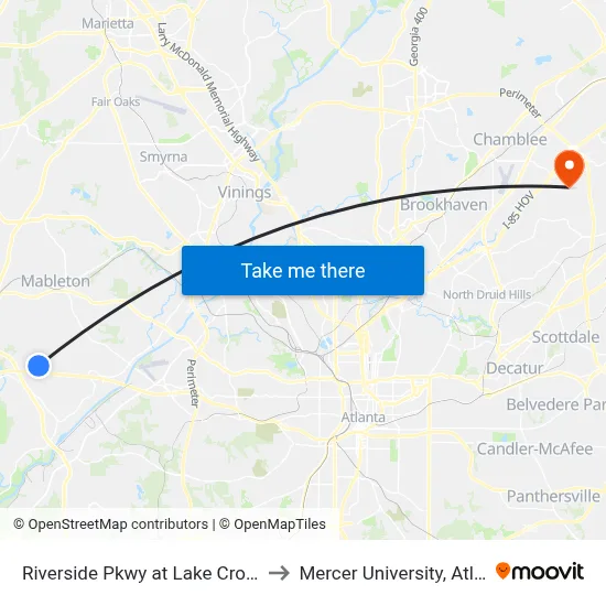 Riverside Pkwy at Lake Crossing to Mercer University, Atlanta map