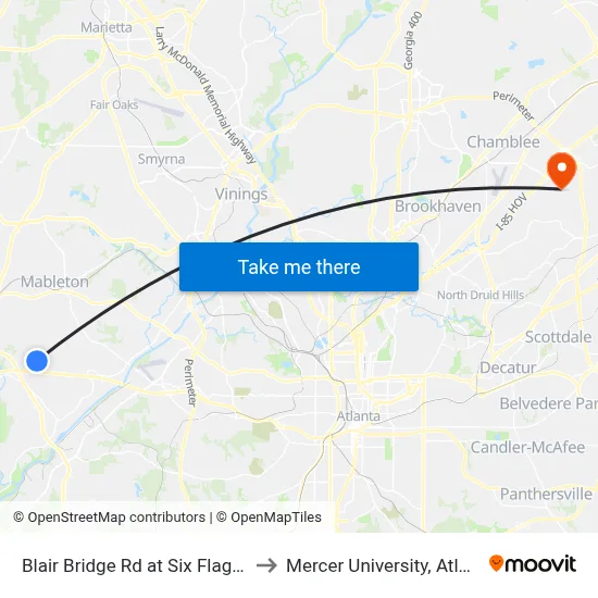 Blair Bridge Rd at Six Flags Dr to Mercer University, Atlanta map