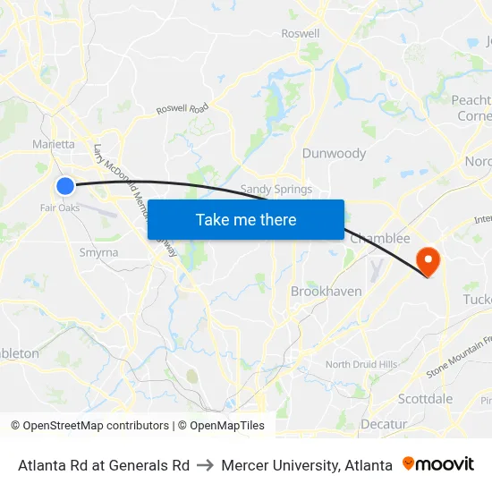 Atlanta Rd at Generals Rd to Mercer University, Atlanta map