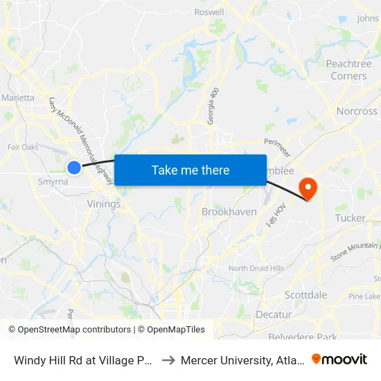 Windy Hill Rd at Village Pkwy to Mercer University, Atlanta map
