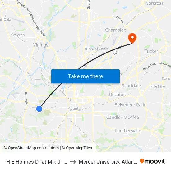 H E Holmes Dr at Mlk Jr Dr to Mercer University, Atlanta map