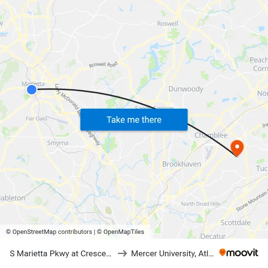 S Marietta Pkwy at Crescent Cir to Mercer University, Atlanta map