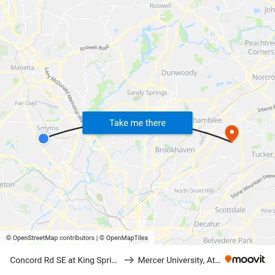 Concord Rd SE at King Springs Rd to Mercer University, Atlanta map