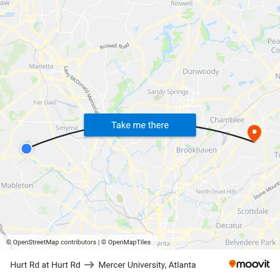 Hurt Rd at Hurt Rd to Mercer University, Atlanta map