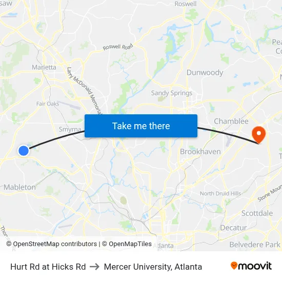 Hurt Rd at Hicks Rd to Mercer University, Atlanta map