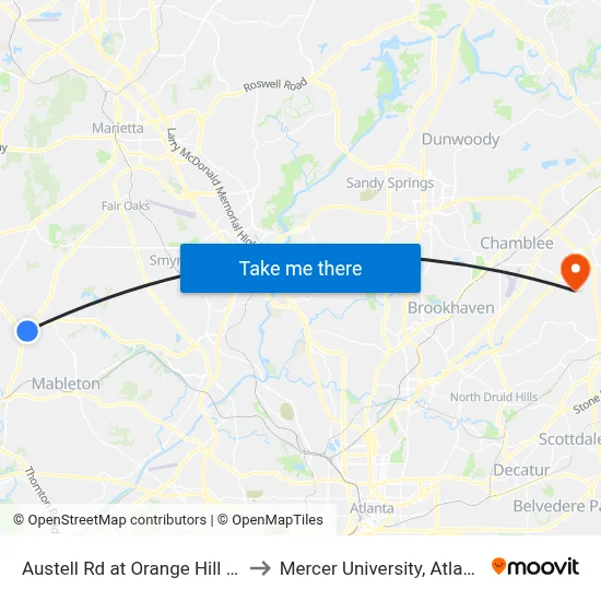 Austell Rd at Orange Hill Rd to Mercer University, Atlanta map