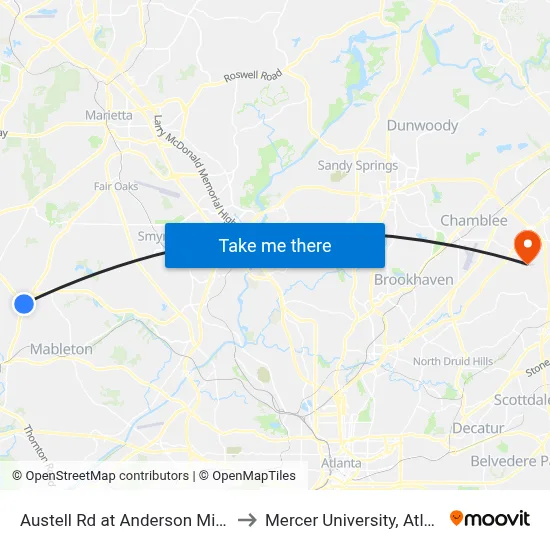 Austell Rd at Anderson Mill Rd to Mercer University, Atlanta map